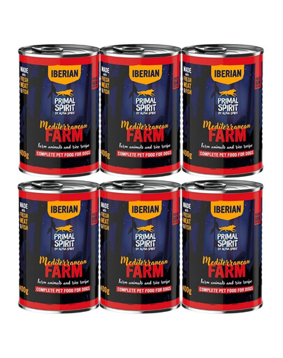 PRIMAL SPIRIT Iberian Mediterranean Farm Nassfutter mit Huhn und Schweinefleisch für adulte Hunde 6x400 g
