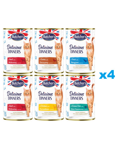BUTCHER'S Delicious Dinners Mix smaków w galaretce 24x400g kawałki z kurczakiem, z dziczyzną, z pstrągiem, z rybą morską, z wołowiną
