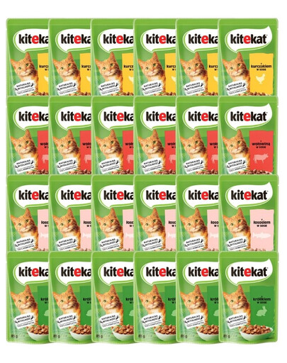 KITEKAT Mix smaków w sosie 24x85 g dla dorosłych kotów z kurczakiem, wołowiną, łososiem i królikiem