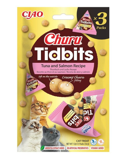 INABA Cat Churu Tidbits Tuna and Salmon Recipe weiche und cremige Leckerlis mit Thunfisch und Lachs für Katzen 3x12g