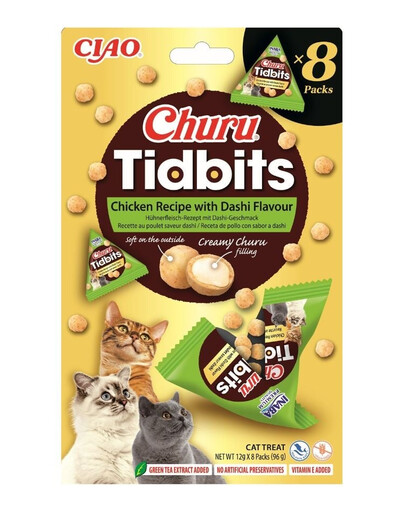 INABA Cat Churu Tidbits Chicken Recipe with Dashi Flavor 8x12g Weiche und cremige Hühnerleckerlis mit Dashi-Brühe-Geschmack für Katzen