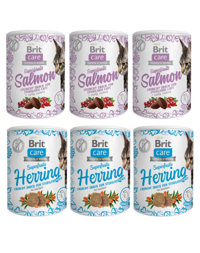 BRIT Care Cat Snack Superfruits Mix smaków 6x100 g śledź i łosoś dla kotów sterylizowanych
