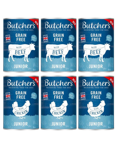 BUTCHER'S Original Junior Mix smaków 6x400g kawałki z wołowiną i kurczakiem w galaretce dla szczeniąt