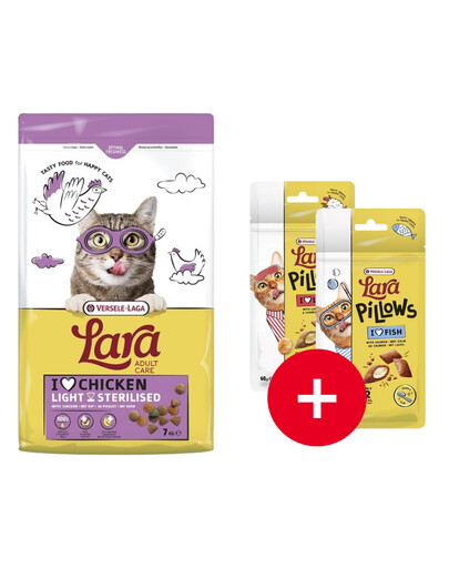 VERSELE-LAGA Lara Adult Light Sterilized Futter für sterilisierten Katzen 7 kg + 2 Leckerlis