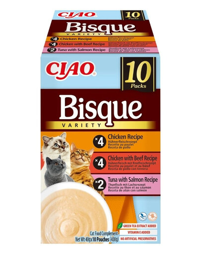 INABA Cat Ciao Bisque Variety 10x40g Cremesuppenmischung mit Huhn, Rind und Fisch für Katzen