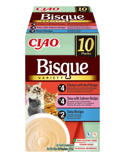 INABA Cat Ciao Bisque Variety 10x40g Cremesuppenmischung mit Thunfisch, Rind und Huhn für Katzen
