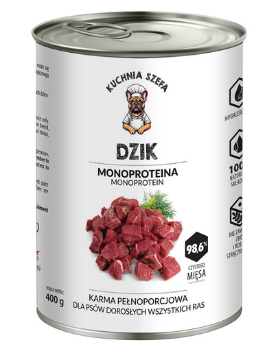 KUCHNIA SZEFA Nassfutter Wildschweinfleisch Monoprotein für Hunde aller Rassen 400 g