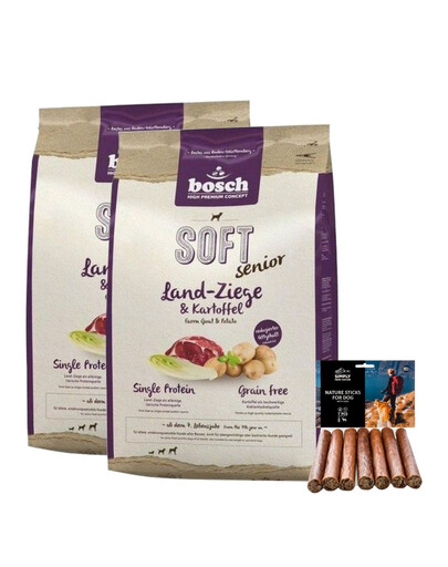BOSCH SOFT Senior Land-Ziege & Kartoffel 2x12,5 kg + SIMPLY FROM NATURE Snacks mit Hirsch 7 St