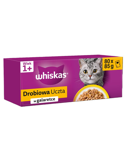 WHISKAS Adult Nassfutter in Gelee mit Huhn, Ente, Geflügel, Pute für Katzen 80x85g