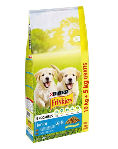 FRISKIES 5 Promises Junior Trockenfutter Mischung aus Huhn und Gemüse mit Milch für Welpen 15 kg