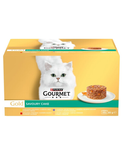 PURINA GOURMET Gold Savoury Cake Nassfutter mit Huhn, Rind, Lamm und Pute für adulte Katzen 48x85g
