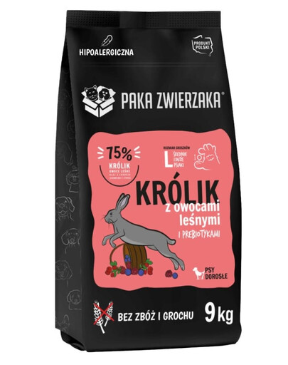 PAKA ZWIERZAKA Trockenfutter Kaninchen mit Waldfrüchten getreidefrei für adulte Hunde L, 9 kg