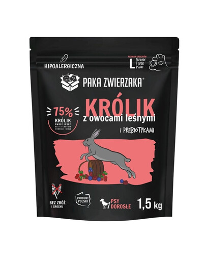 PAKA ZWIERZAKA Trockenfutter Kaninchen mit Waldfrüchten getreidefrei für adulte Hunde L, 1,5 kg