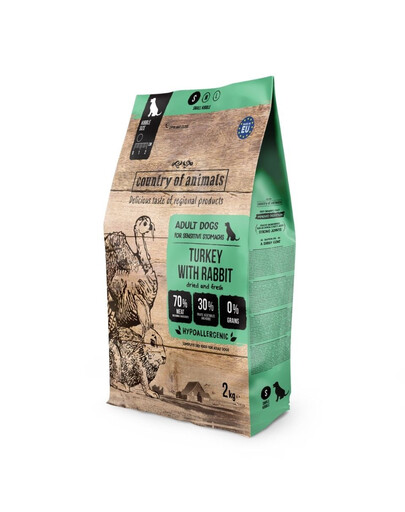 COUNTRY OF ANIMALS Turkey with Rabbit Trockenfutter mit Pute und Kaninchen für adulte S Hunde 2 kg