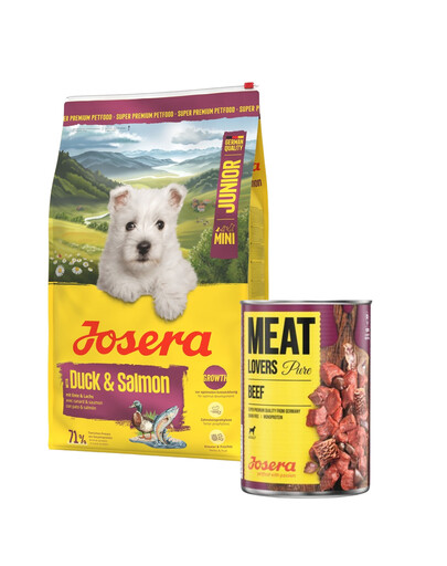 JOSERA Duck and Salmon Junior Mini für die ordnungsgemäße Entwicklung von Welpen kleiner Rassen 10 kg + 800g GRATIS