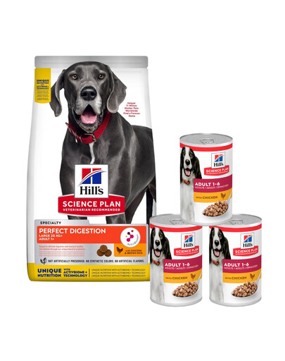 HILL'S Science Plan Canine Adult Large Perfect Digestion Chicken and Brown Rice 14kg Futter für gesunde Verdauung für große Hunde + 3 Dosen GRATIS
