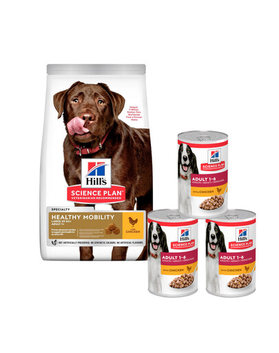 HILL'S Science Plan Canine Adult Healthy Mobility Große Rassen Huhn 14 kg Hundefutter für große Rassen Gelenkunterstützung + 3 Dosen GRATIS