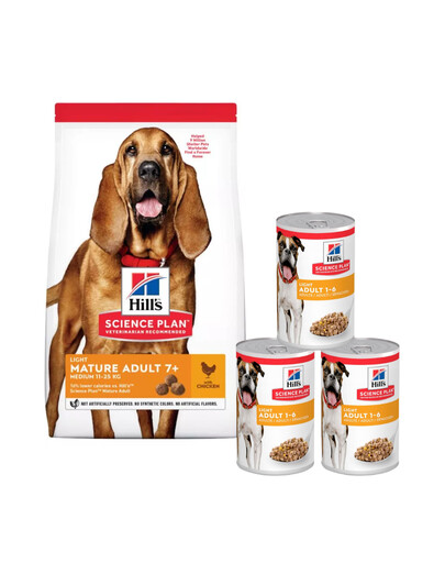 HILL'S Science Plan 7+ Dog Mature Light Medium Chicken 14 kg für ältere Hunde + 3 Dosen GRATIS