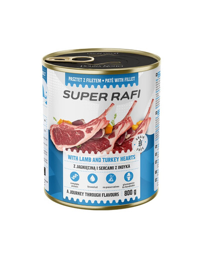 RAFI Super Nassfutter mit Lamm und Putenherzen für adulte Hunde aller Rassen getreidefrei 800g