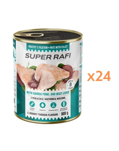 RAFI Super Nassfutter mit Perlhuhn und Rinderleber Pastete für adulte Hunde aller Rassen getreidefrei 24x800g