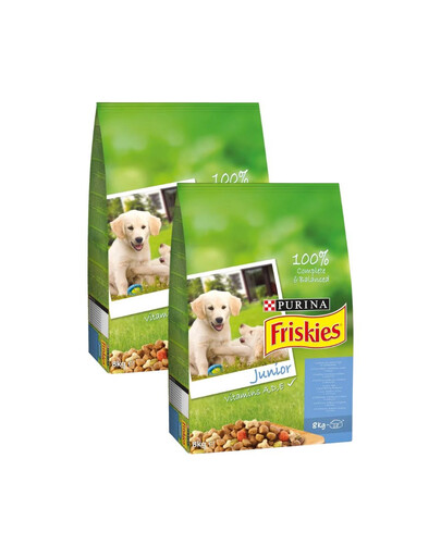FRISKIES Junior Vitamins A D E Trockenfutter mit Huhn, Milch und Gemüse für Welpen 16kg (2x8 kg)