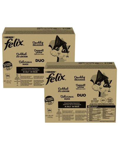 FELIX Duo Nassfutter Mix Geschmacks Rind und Geflügel, Pute und Leber, Huhn und Niere, Ente und Lamm in Gelee für Katzen 240x85g