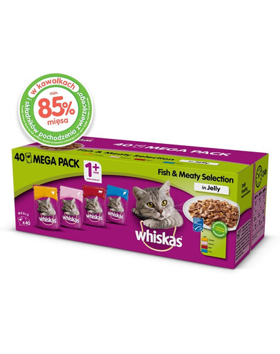 WHISKAS Adult Fisch und Traditionelle Geschmacksrichtungen - Katzennassfutter in Gelee (Huhn, Lachs, Rind, Thunfisch) 4x 40x85g