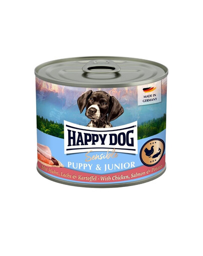 HAPPY DOG Sensible Puppy Junior Nassfutter Huhn, Lachs und Kartoffel für Welpen und junge Hunde 200 g