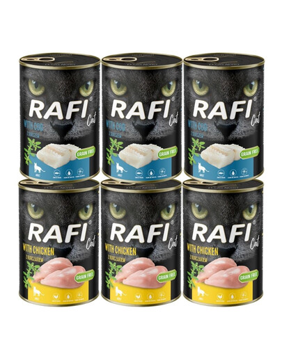 RAFI Cat Nassfutter Mix Geschmacks mit Dorsch und Huhn für adulte Katzen getreidefrei 6x400 g