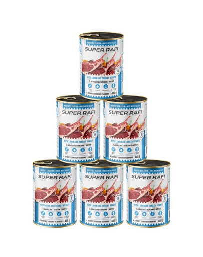 SUPER RAFISUPER RAFI Nassfutter mit Lammfleisch und Putenherzen für adulte Hunde getreidefrei 6x400 g z jagnięciną i sercami indyka 6x400 g mokra karma dla psa