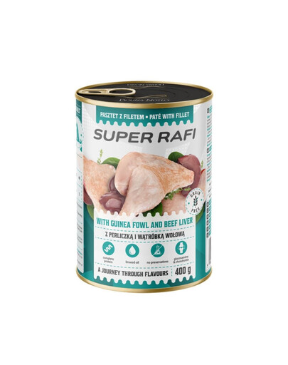 SUPER RAFI Nassfutter mit Perlhuhn und Rinderleber für adulte Hunde getreidefrei 400 g