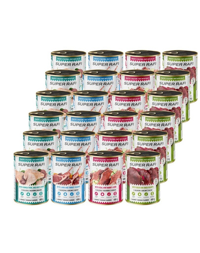 SUPER RAFI Nassfutter Mix 4 Geschmacks für adulte Hunde getreidefrei 24x400 g