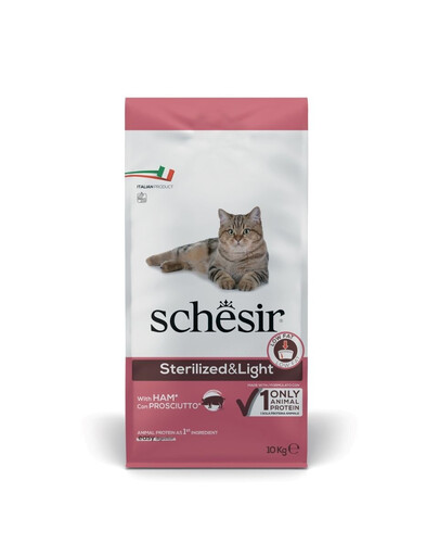 SCHESIR Sterilized and Light Trockenfutter mit Schinken für Katzen nach der Sterilisation leicht verdaulich 10 kg