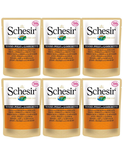SCHESIR Nassfutter Thunfisch mit Hähnchen und Garnelen für Katzen 6x50g