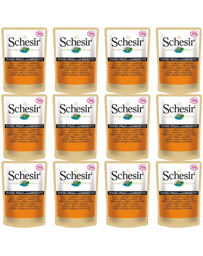 SCHESIR Nassfutter Thunfisch mit Hähnchen und Garnelen für Katzen 12x50g