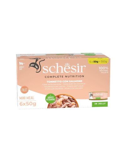 SCHESIR Nassfutter Thunfisch mit Lachs in Gelee für adulte Katzen 6x50 g