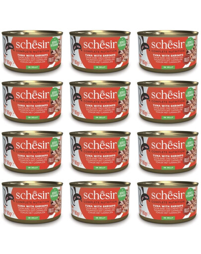 SCHESIR Nassfutter Thunfisch mit Garnelen in Gelee für Katzen 12x85 g