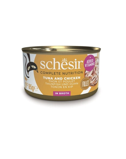 SCHESIR Nassfutter Thunfisch mit Hähnchen und Reis in Brühe für Katzen 12x85 g