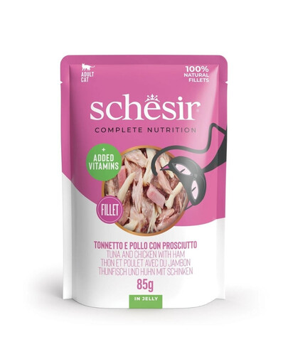 SCHESIR Nassfutter Thunfisch Huhn und Schinken in Gelee für Katzen 12x85 g