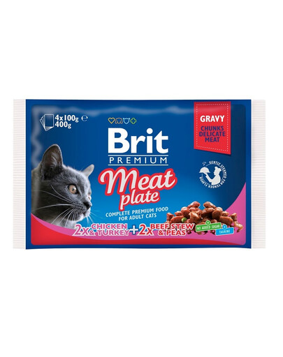 BRIT Premium Meat Plate Nassfutter mit Huhn, Pute, Rind und Erbsen für Katzen 8x100g