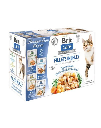 BRIT Care Fillets in Jelly Filets in Gelee mit Pute, Garnelen, Forelle, Kabeljau, Hühnchen mit Käse und Thunfisch für Katzen 24x85g