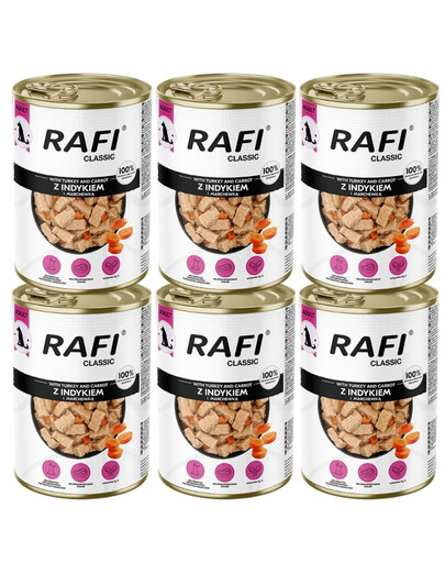 RAFI Classic Nassfutter mit Pute und Karotte in Soße für adulte Hunde aller Rassen 6x1240 g