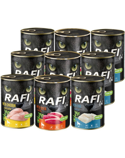 RAFI Cat Mix Geschmacks Nassfutter mit Dorsch, Ente und Huhn für adulte Katzen getreidefrei 9x400 g