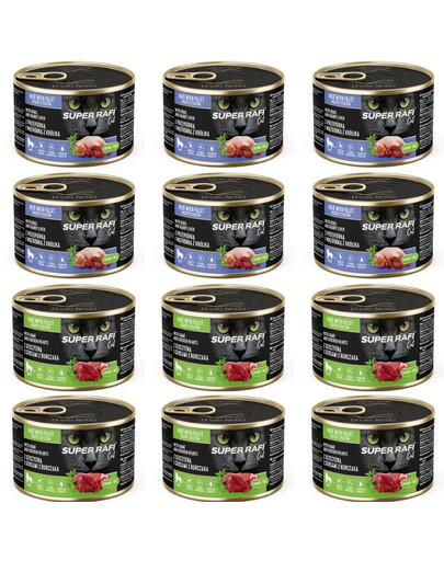 SUPER RAFI Nassfutter Wild und Hühnerherzen & Wachtel und Kaninchenleber für adulte Katzen 12x185g