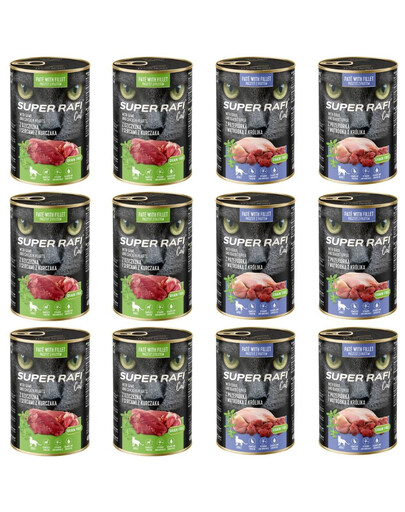 SUPER RAFI Nassfutter Wachtel und Kaninchenleber & Wild und Hühnerherzen für adulte Katzen 12x400g