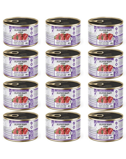 SUPER RAFI Mini Nassfutter mit Rind und Putenherzen fü adulte kleine Hunderassen 12x185g