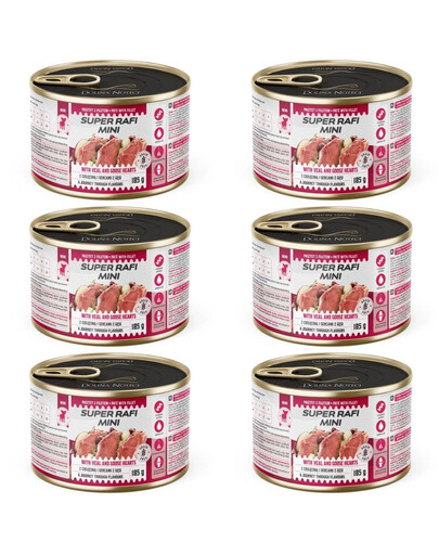 SUPER RAFI Mini Nassfutter mit Kalb und Gänseherzen für adulte kleine Hunderassen getreidefrei 6x185g