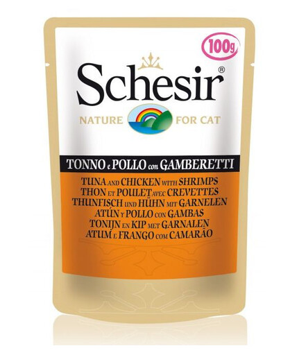 SCHESIR Nassfutter Thunfisch mit Hähnchen und Garnelen für Katzen 50g