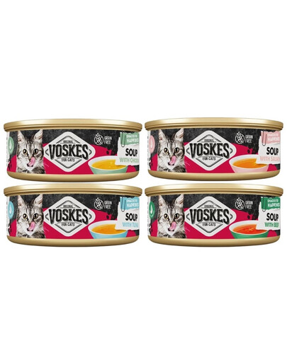 VOSKES Soup Mix Geschmacks Suppe mit Rind, Huhn, Lachs und Thunfisch für Katzen getreidefrei 4x50g