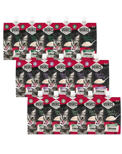 VOSKES Cream Mix Geschmacks cremige Snacks mit Thunfisch, Huhn, Rind für Katzen 15x90 g